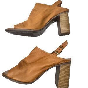 Aldo Brown‎ Genuine Leather Peep Toe Chunky Heel Ankle Strap Size 7.5 Wood Heel